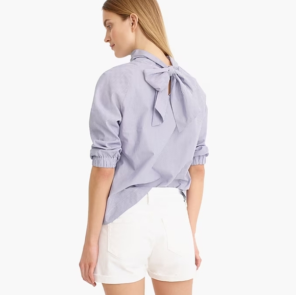 Thomas Mason for J. Crew Back Tie Mock Neck Blue Stripe Long Sleeve Shirt 12 - Picture 2 of 10